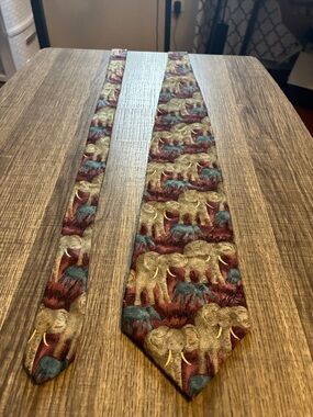 Men's Elephant Motif Silk Tie in Burgundy, Teal and Gold